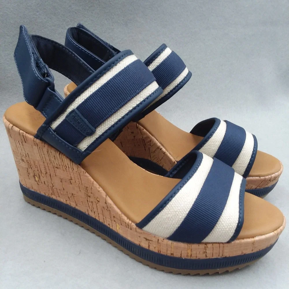 Sperry Kennedy Plushwave Wedge Sandals Stripe Platform Cork‎ Shoes Women's 9M